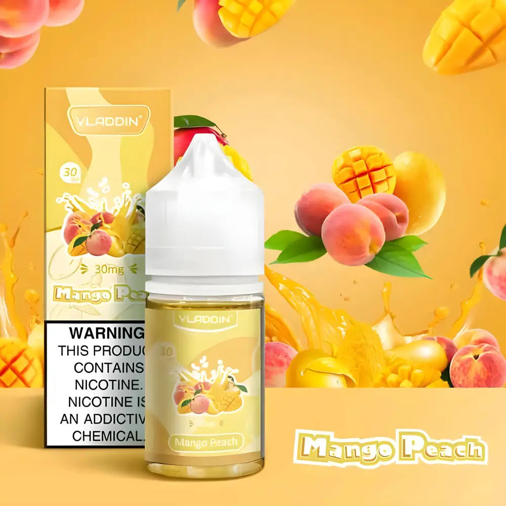 Vladdin Mango Peach 30ml nicotine salt vape juice bottle with mango and peach themed label