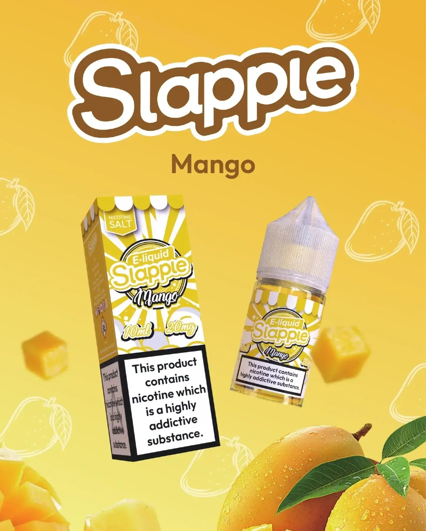 Mango slappel nic salt e-liquid 30ml in clear glass bottle with white cap and striped label by vape mash india premium nicotine salt