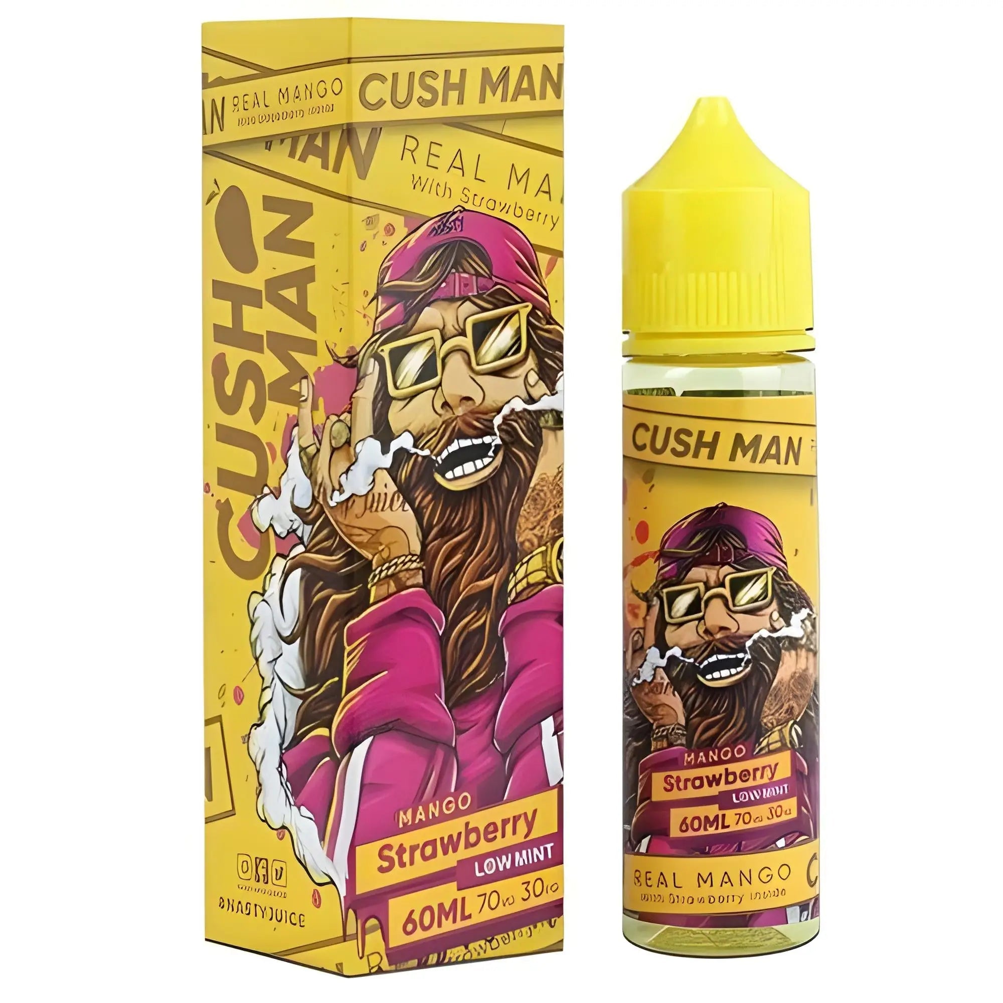 Mango and strawberry vape juice in a 60ml bottle by Nasty Juice Cush Man, available in 3mg and 6mg nicotine strengths.