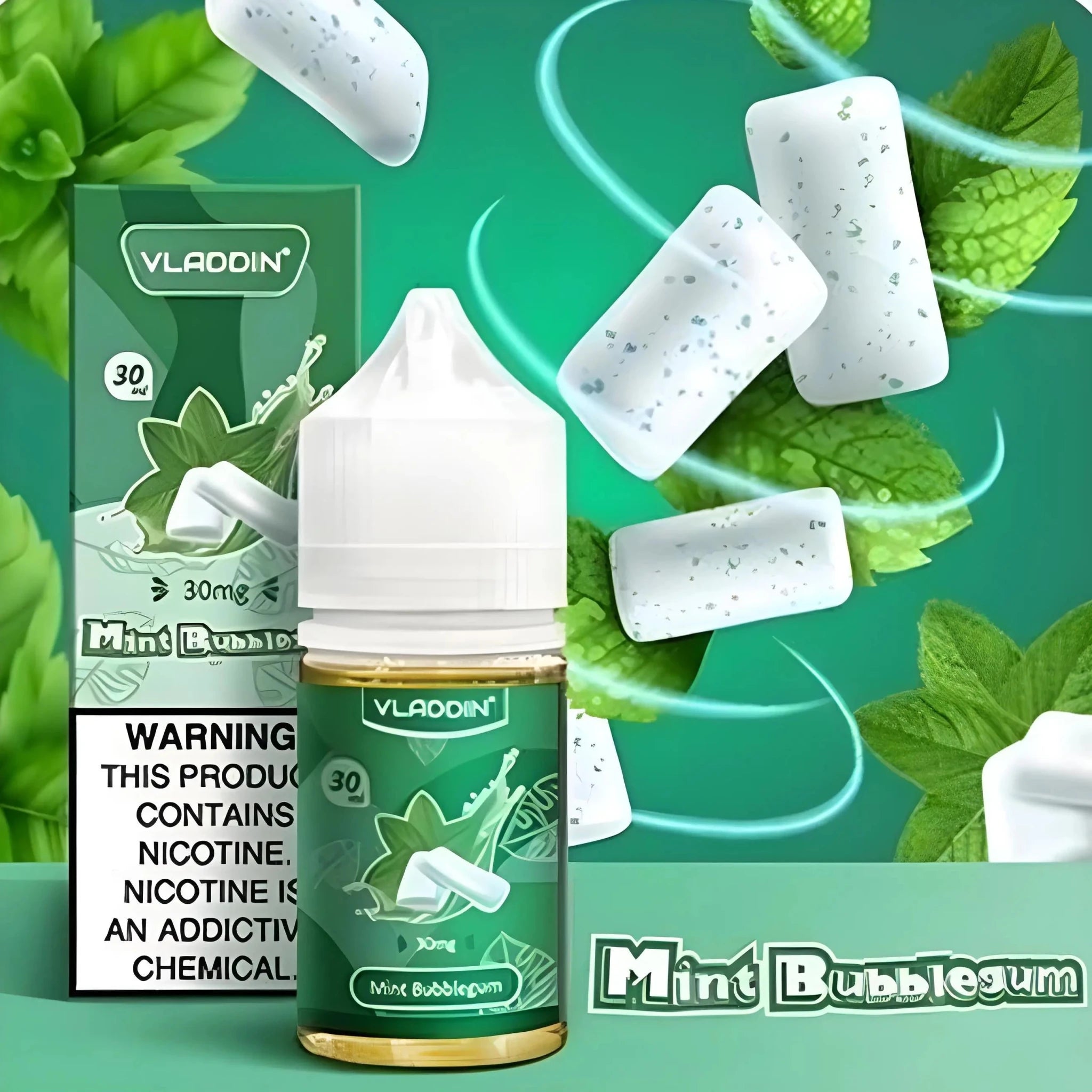 Mint Bubblegum Vladdin Nic Salt vape juice in 30ML bottle, available in 30MG and 50MG nicotine strengths, by Vape Mash India.