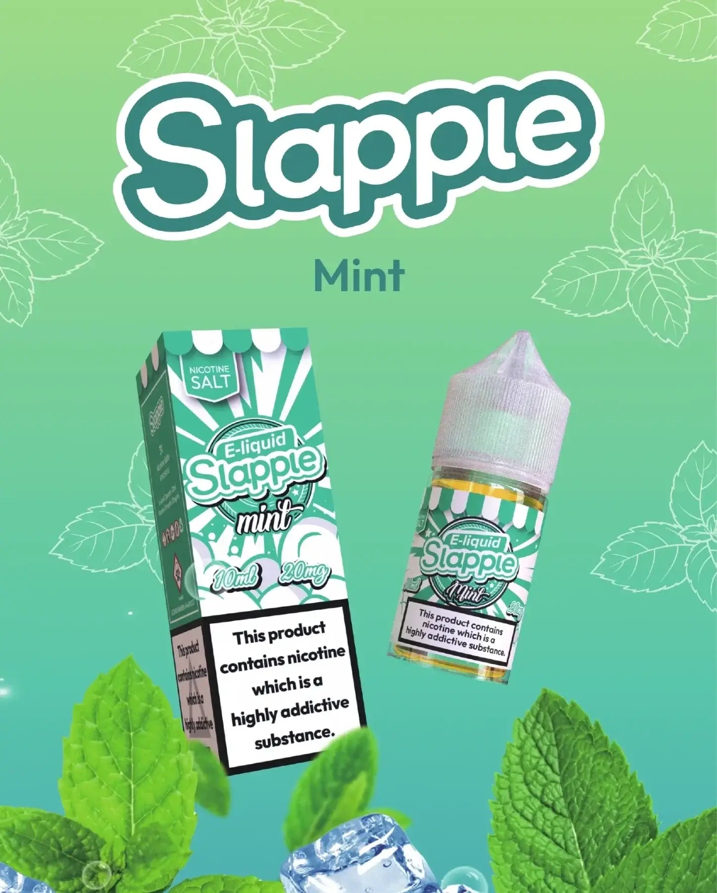 Mint slapple nic salt e-liquid bottle with green and white packaging and mint leaf design by vape mash india