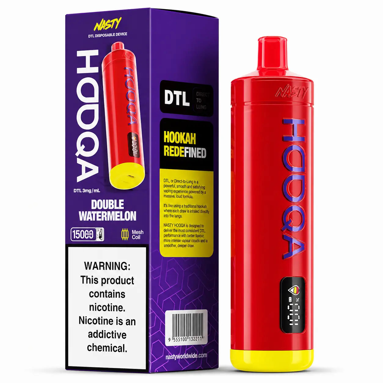 Red HODQA vape pen with purple packaging on a white background