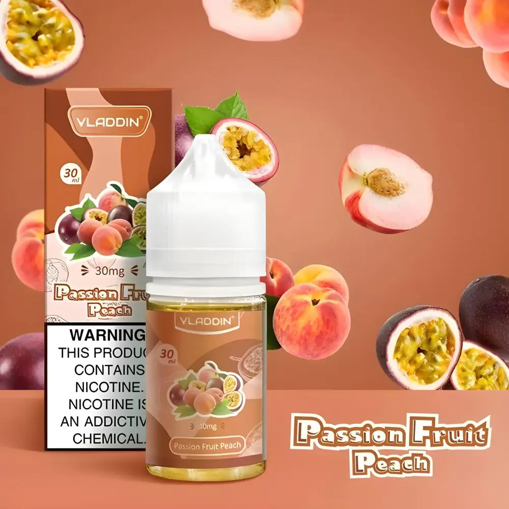 Vladdin Passion Fruit Peach 30ml nicotine salt vape juice bottle with passion fruit and peach themed label