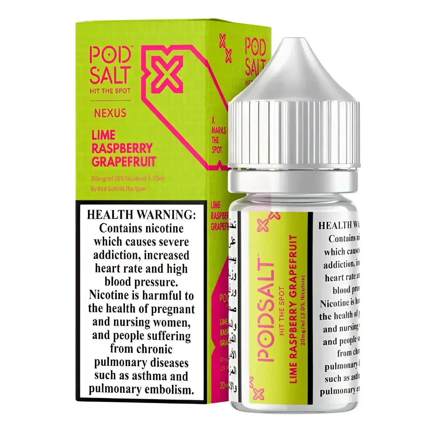 Pod Salt Nexus Lime Raspberry Grapefruit 30ml Nic Salt Vape e-liquid bottle with colorful label and transparent cap.