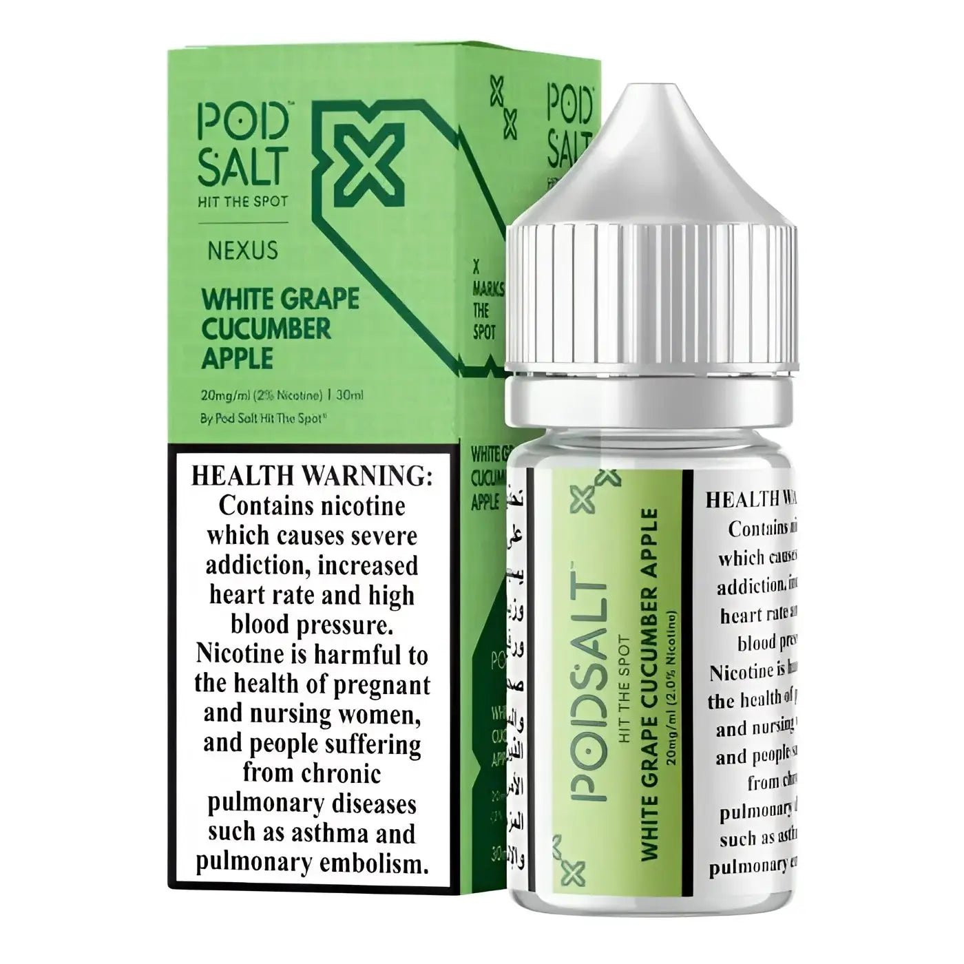 Pod Salt Nexus white grape, cucumber, and apple nic salt e-liquid bottle by Vape Mash India, featuring colorful packaging and sleek design.