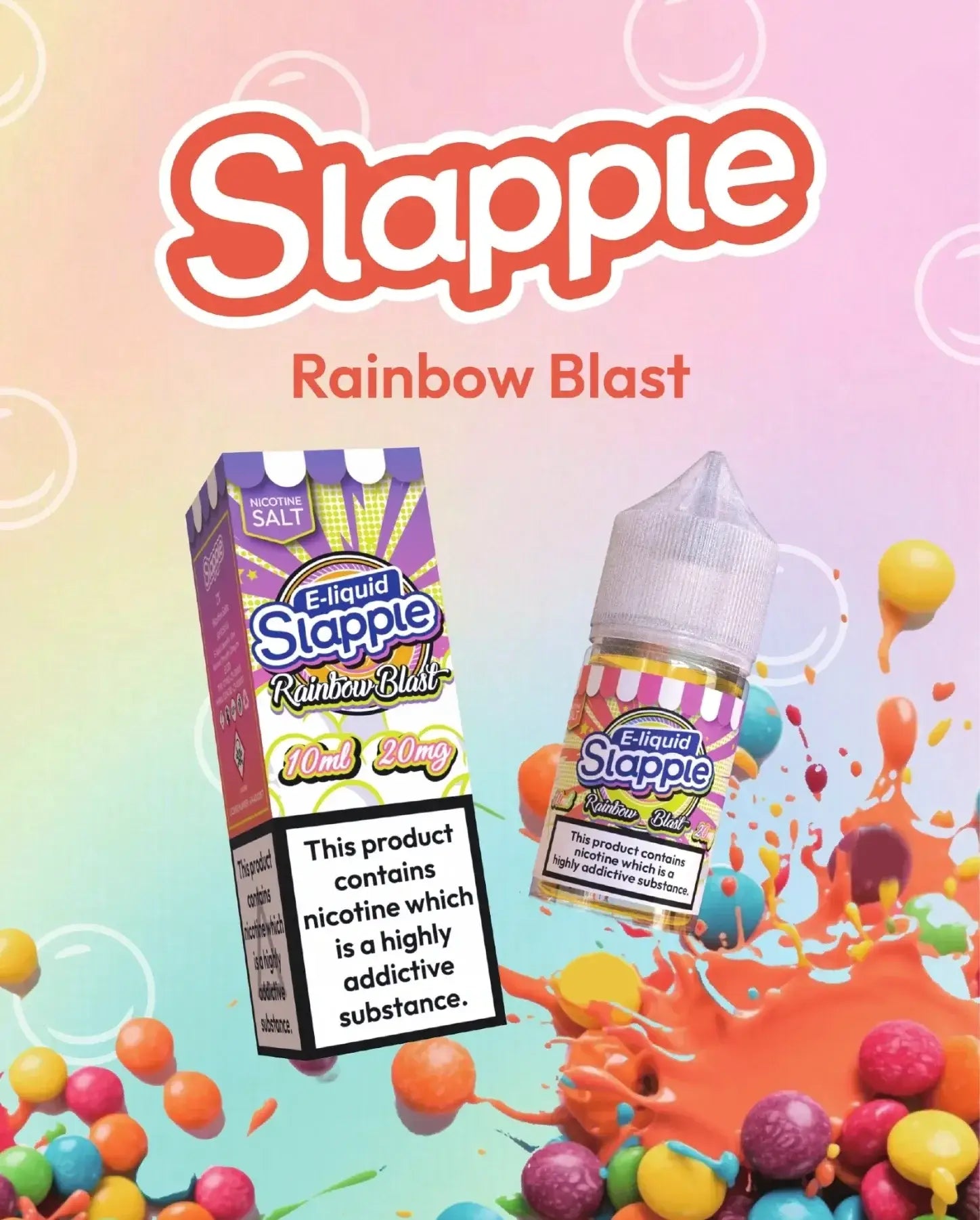 Rainbow blast slapple nic salt 10ml bottle with colorful candy-themed packaging vibrant rainbow design vape mash india