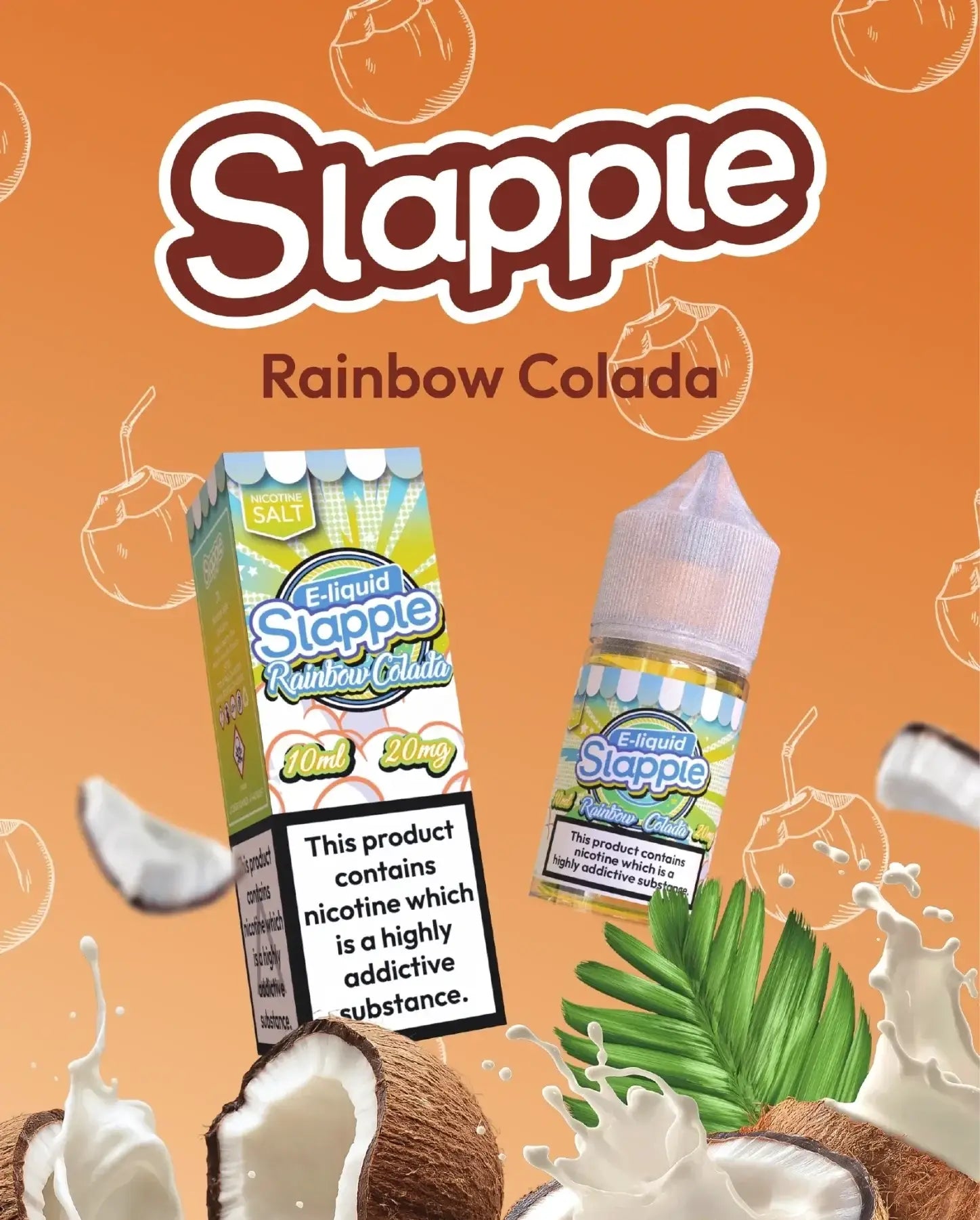 Rainbow colada slappel nic salt 30ml e-liquid bottle with colorful label and matching box for vape mash india