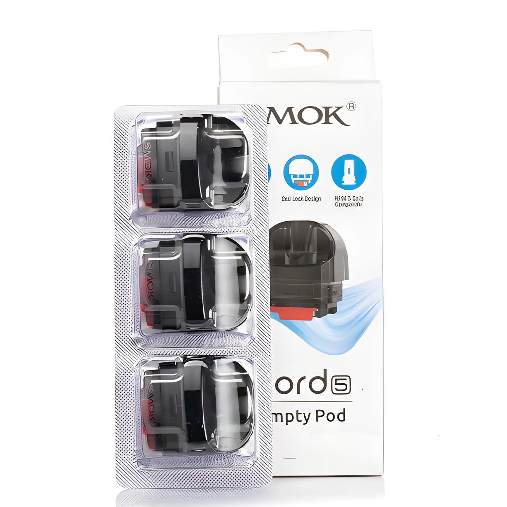 Smok Nord 5 empty pod packaging with three leak-resistant vape coils and pods, from Vape Mash India.