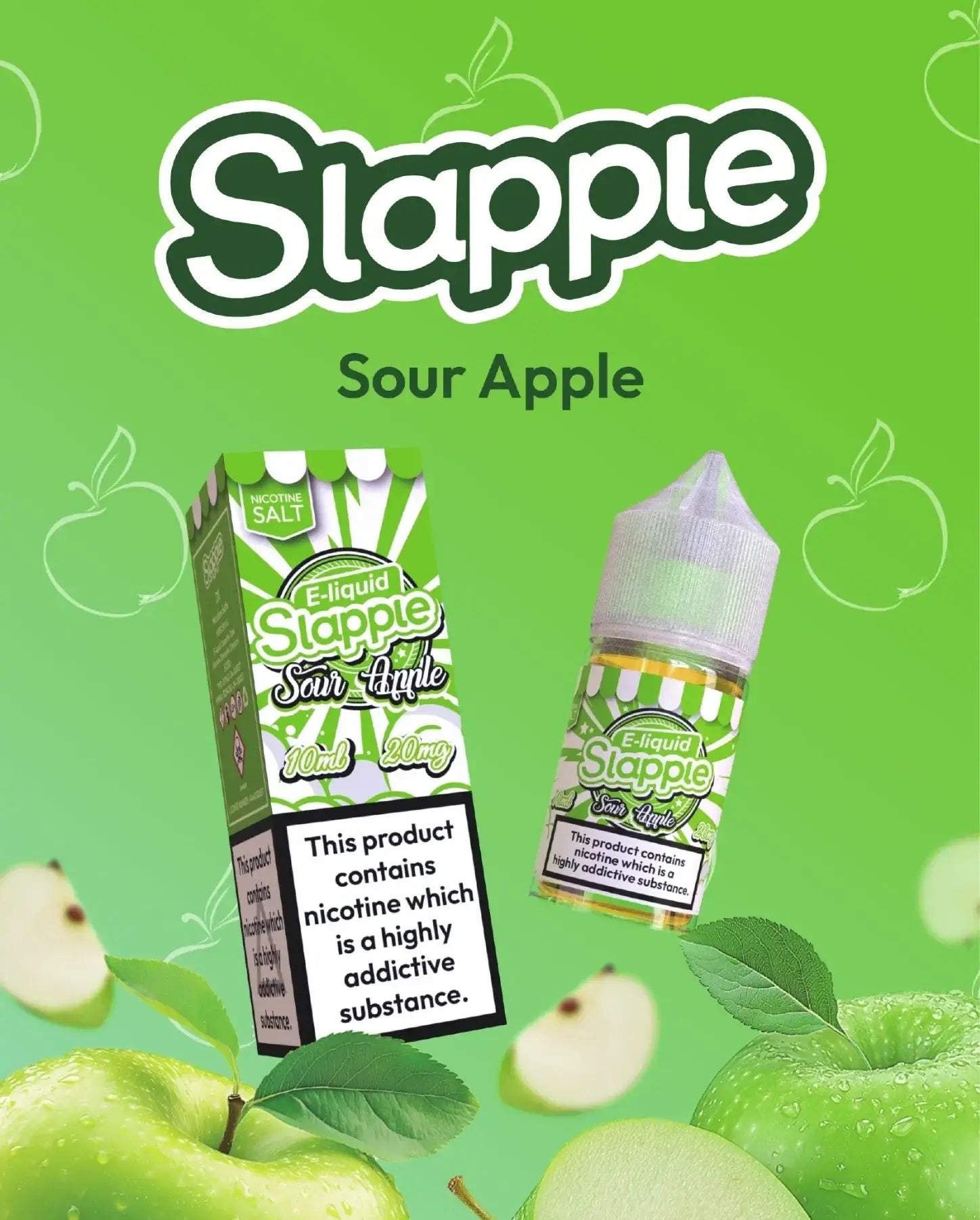 Green and white striped sour apple slappel nic salt 30ml e-liquid bottle with clear cap from vape mash india