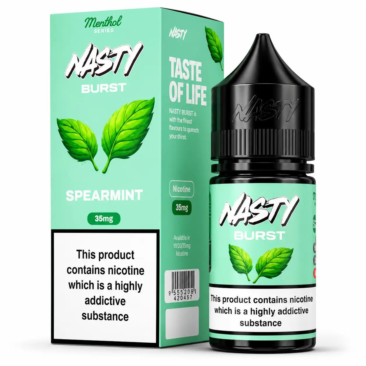 Spearmint Nasty Burst Nic Salt Juice 30ML by Vape Mash India, showing the mint-flavored e-liquid bottle with branding.