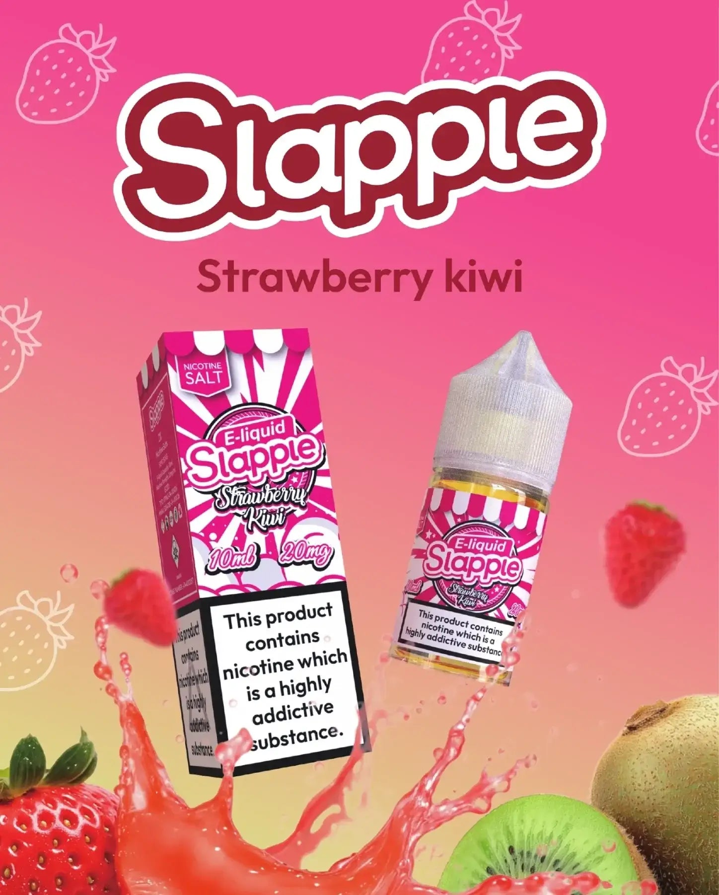 Pink and white striped box of strawberry kiwi slappel nic salt 30ml with matching bottle on vibrant pink vape mash india background