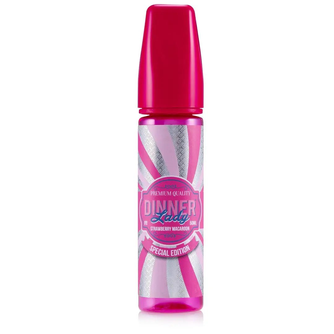 Strawberry Macaroon Vape Juice 60ml by Dinner Lady, 3mg/6mg, for Vape Starter Kits, displayed in a clear bottle.