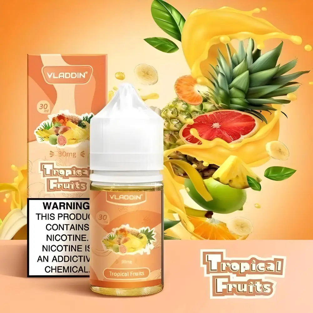 Vladdin Tropical Fruits 30ml nicotine salt vape juice bottle with mixed tropical fruit themed label