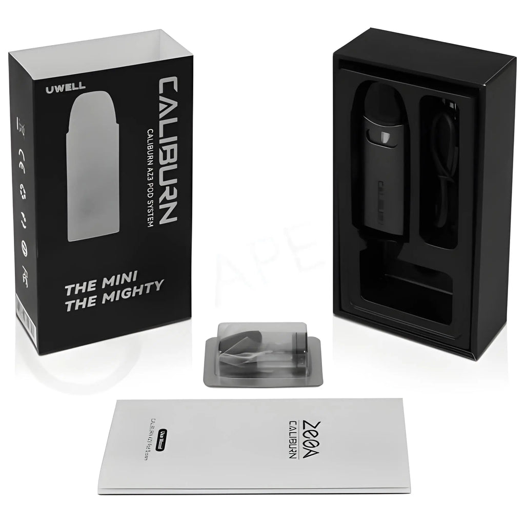 Black uwell caliburn az3 pod system vape device with 750mah built-in battery and type-c fast charging in minimalist packaging