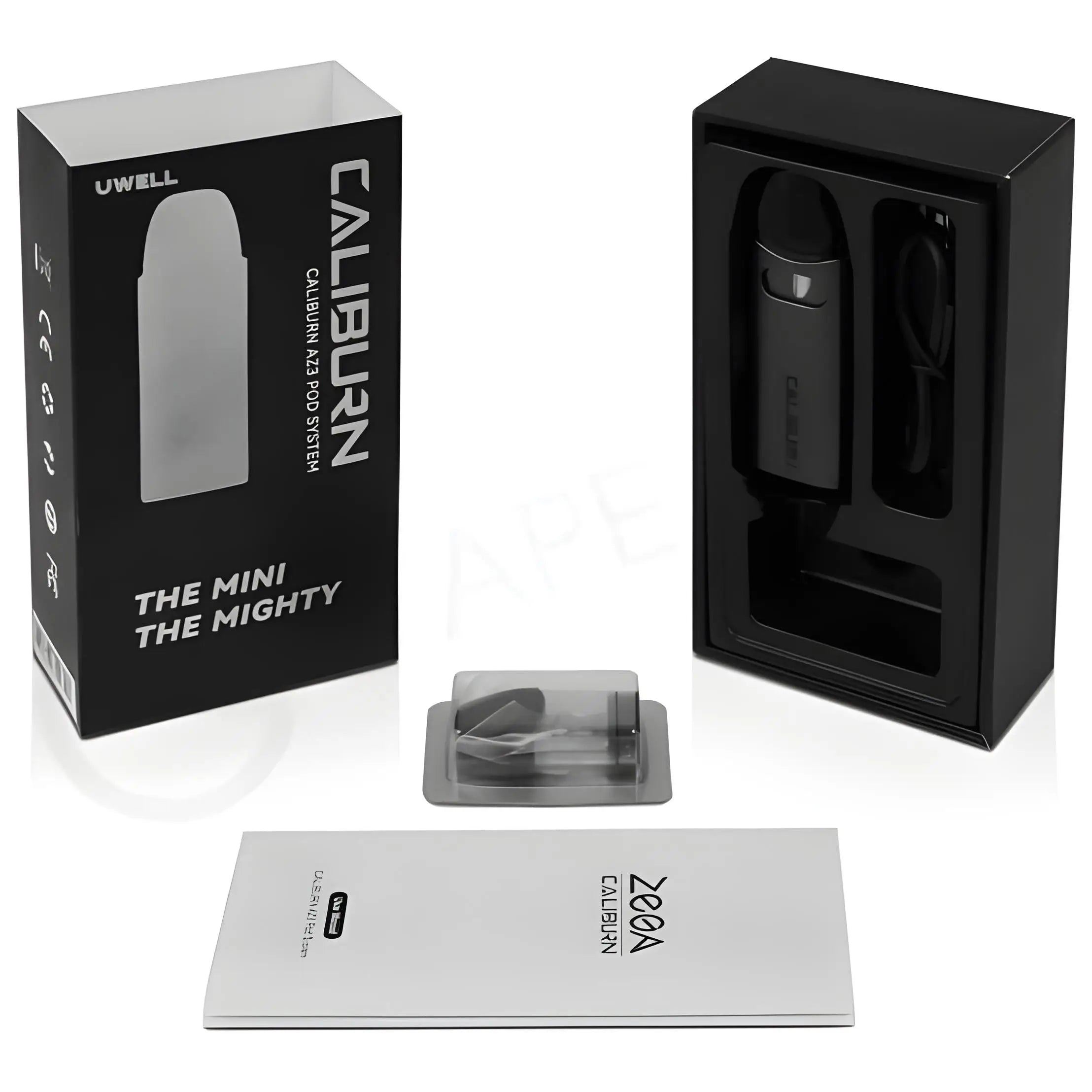 Black uwell caliburn az3 pod system vape device with 750mah built-in battery and type-c fast charging in minimalist packaging