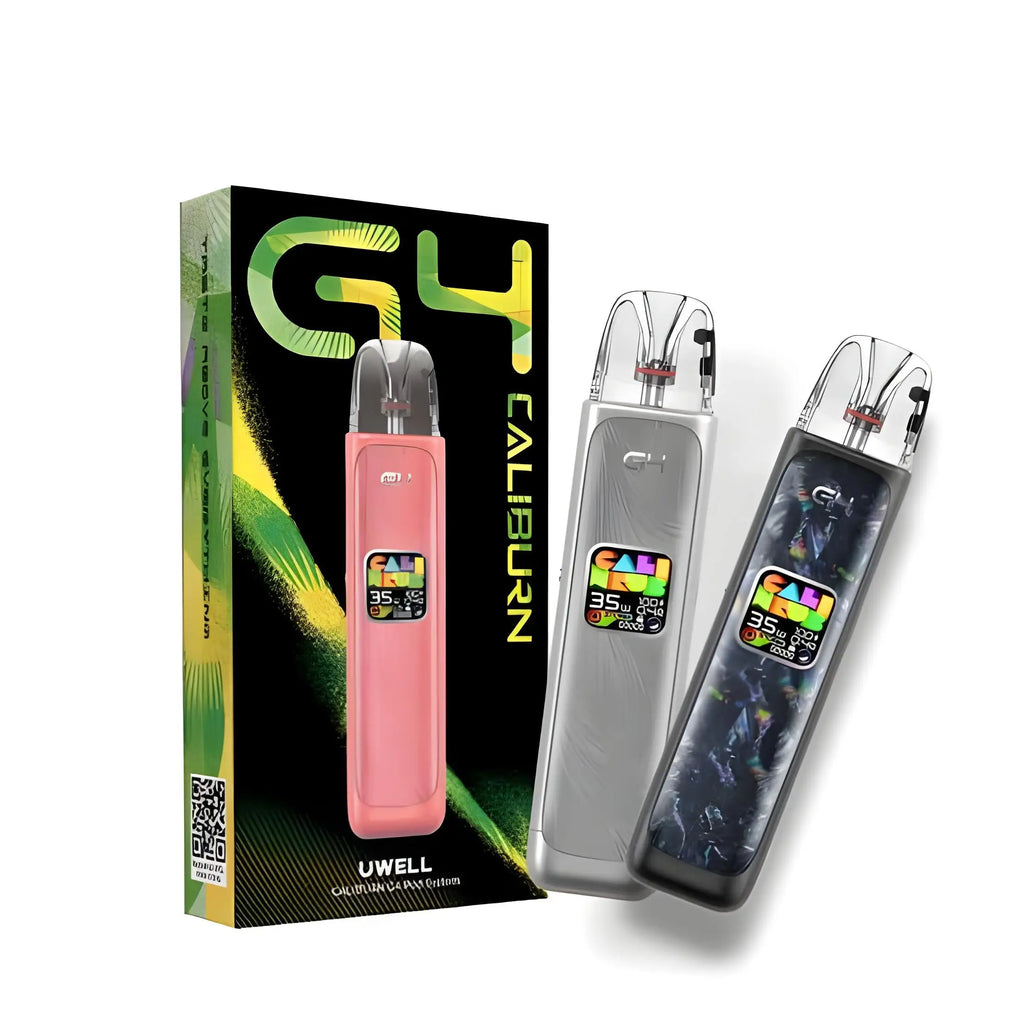 Pink silver and black uwell caliburn g4 35w pod system kit vape pens with colorful digital displays and adjustable airflow