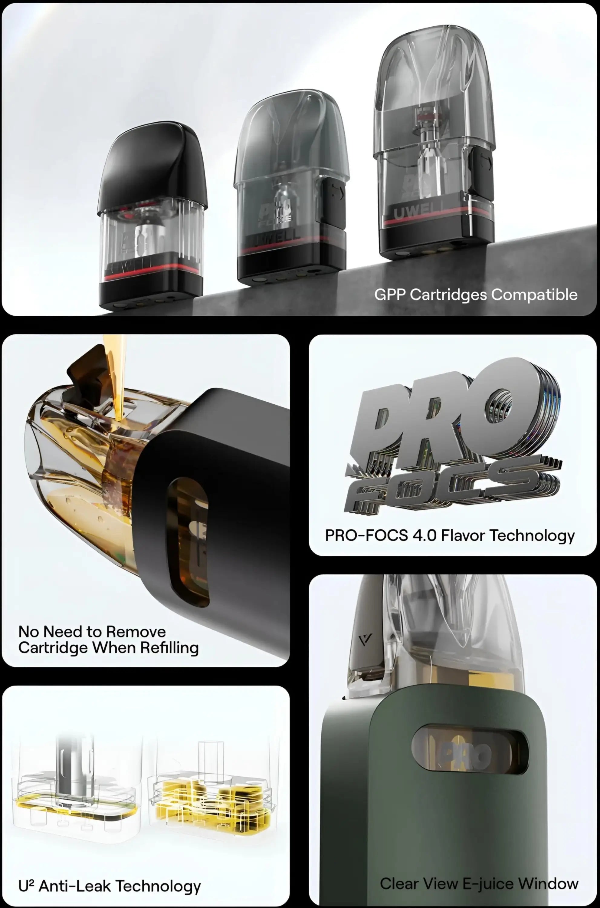 Collage of vape device components and features with text highlighting compatibility, technology, and design elements.