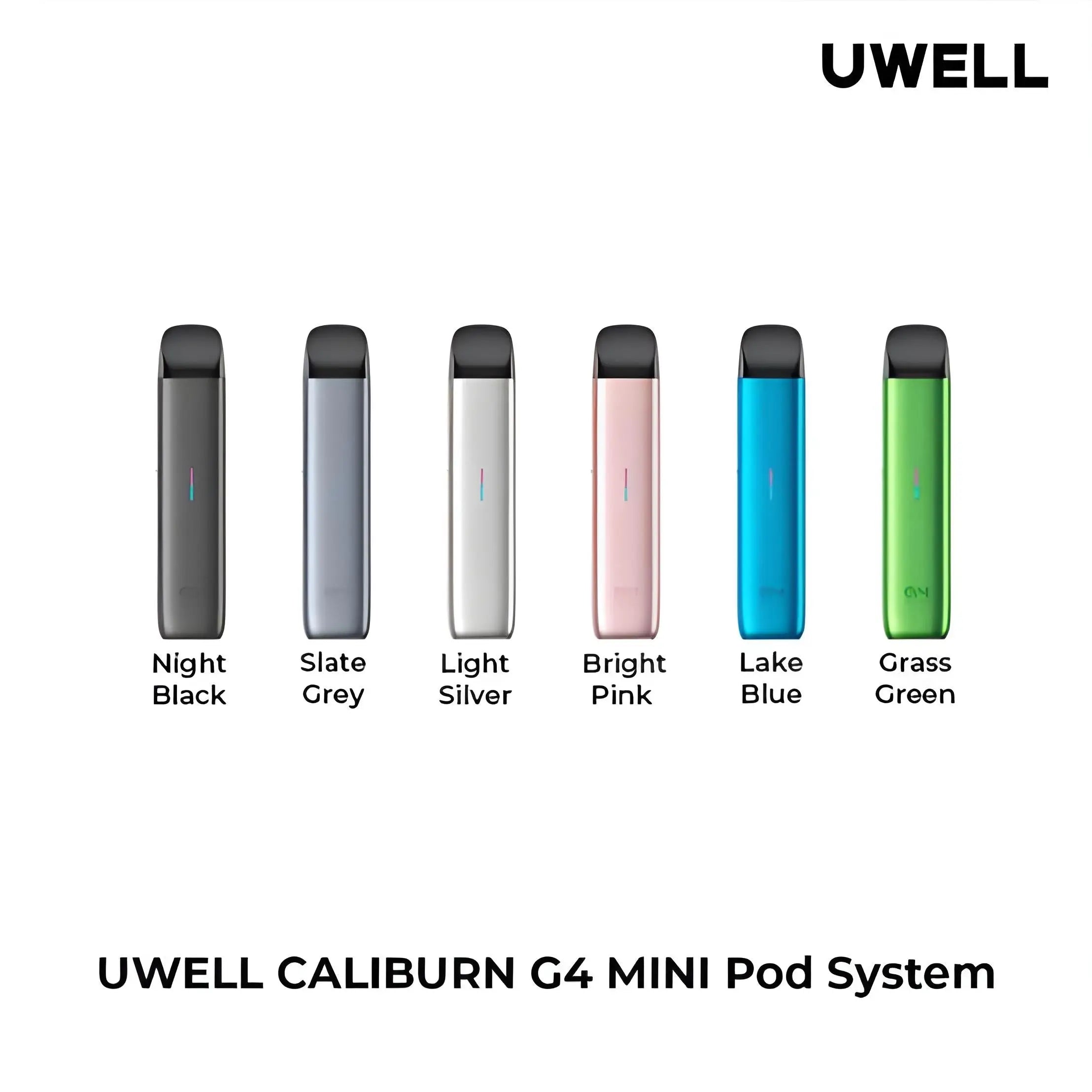 Uwell caliburn g4 mini pod system kit in six colors featuring sleek slim design and pro-focs flavor technology