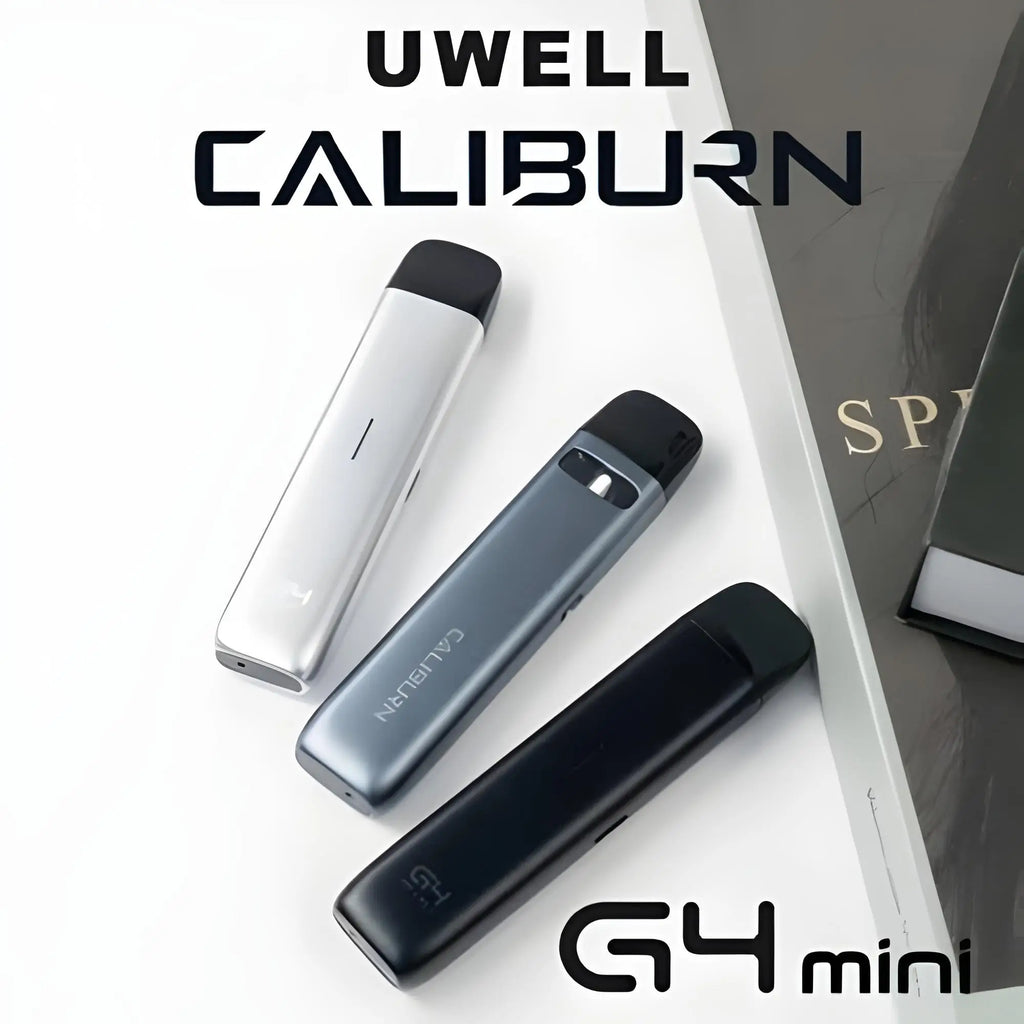 Silver and black uwell caliburn g4 mini vape pen with sleek design featuring pro-focs flavor technology