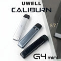 Silver and black uwell caliburn g4 mini vape pen with sleek design featuring pro-focs flavor technology