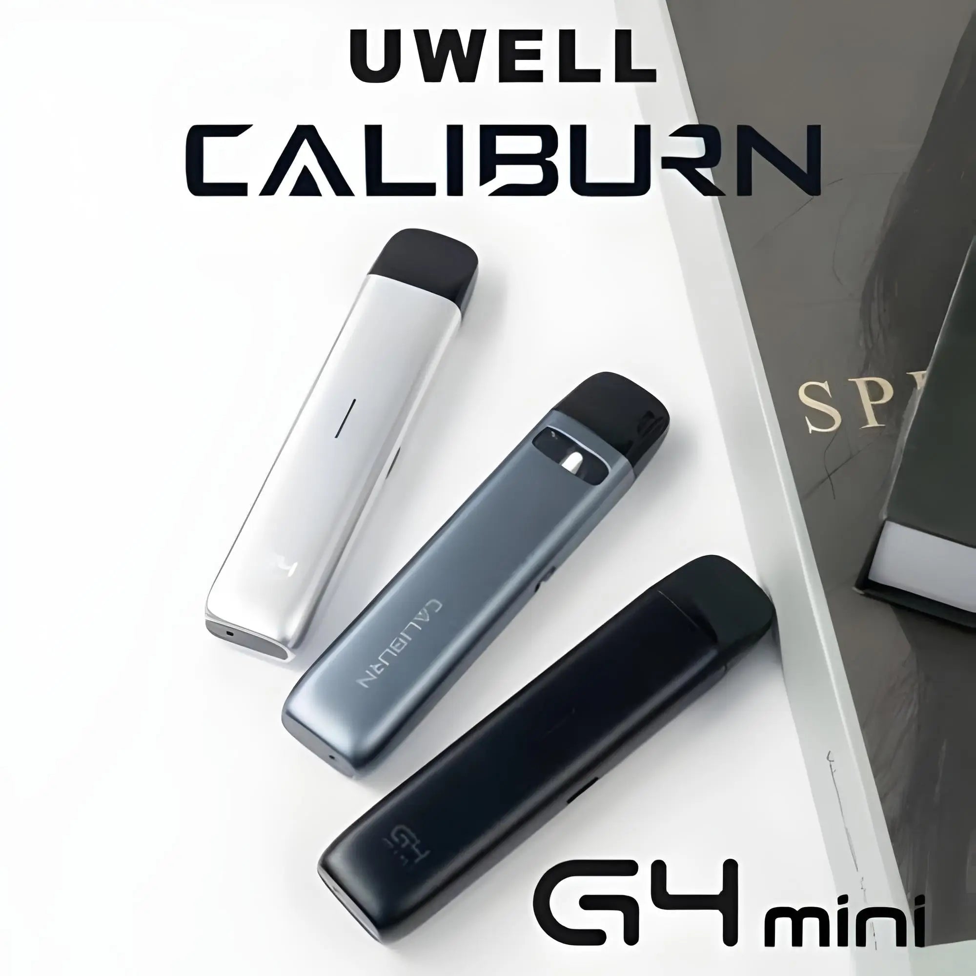 Silver and black uwell caliburn g4 mini vape pen with sleek design featuring pro-focs flavor technology