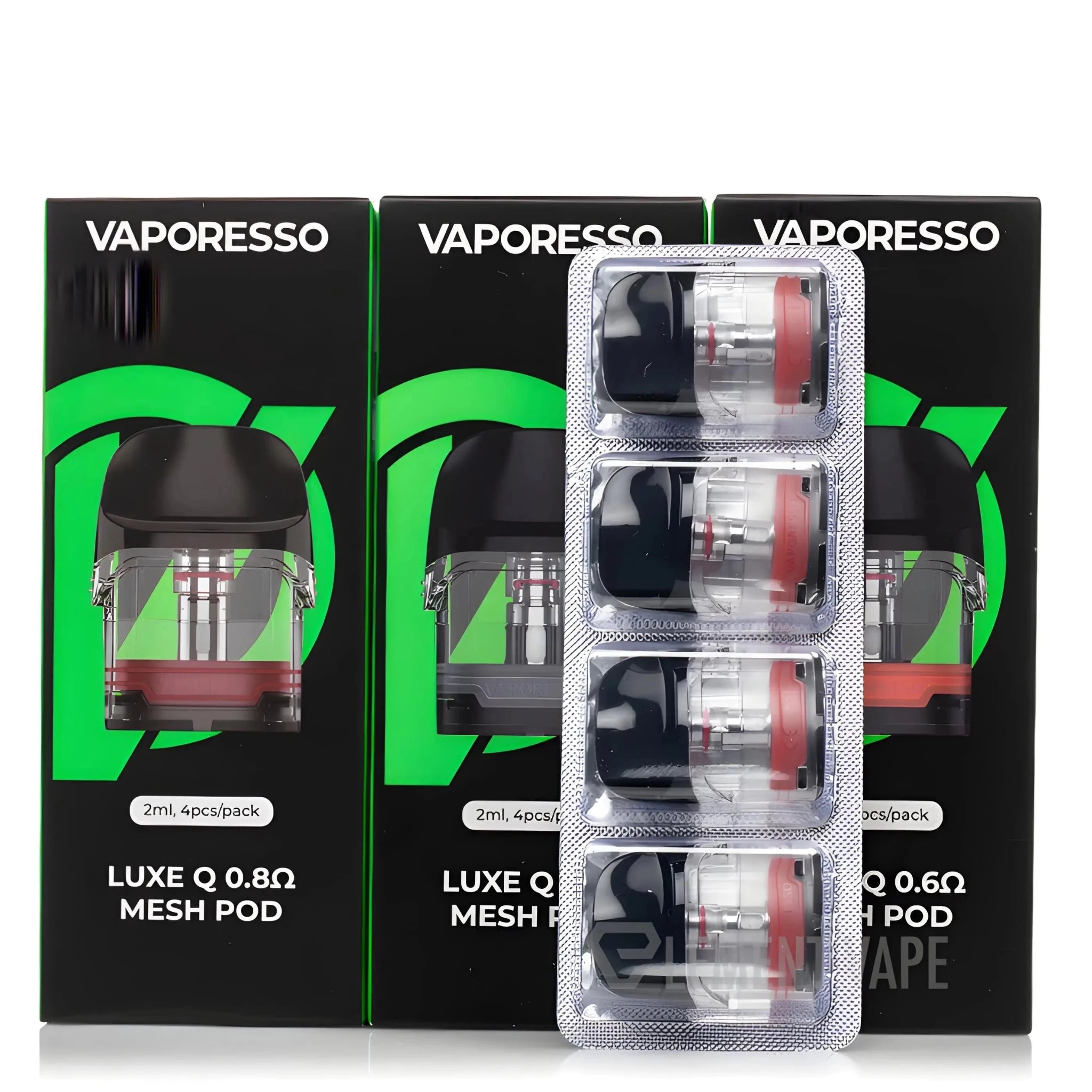 Vape Mash India Vaporesso LUXE Q replacement pods with coils, 0.8 ohm, pack of 4, for vape device use.