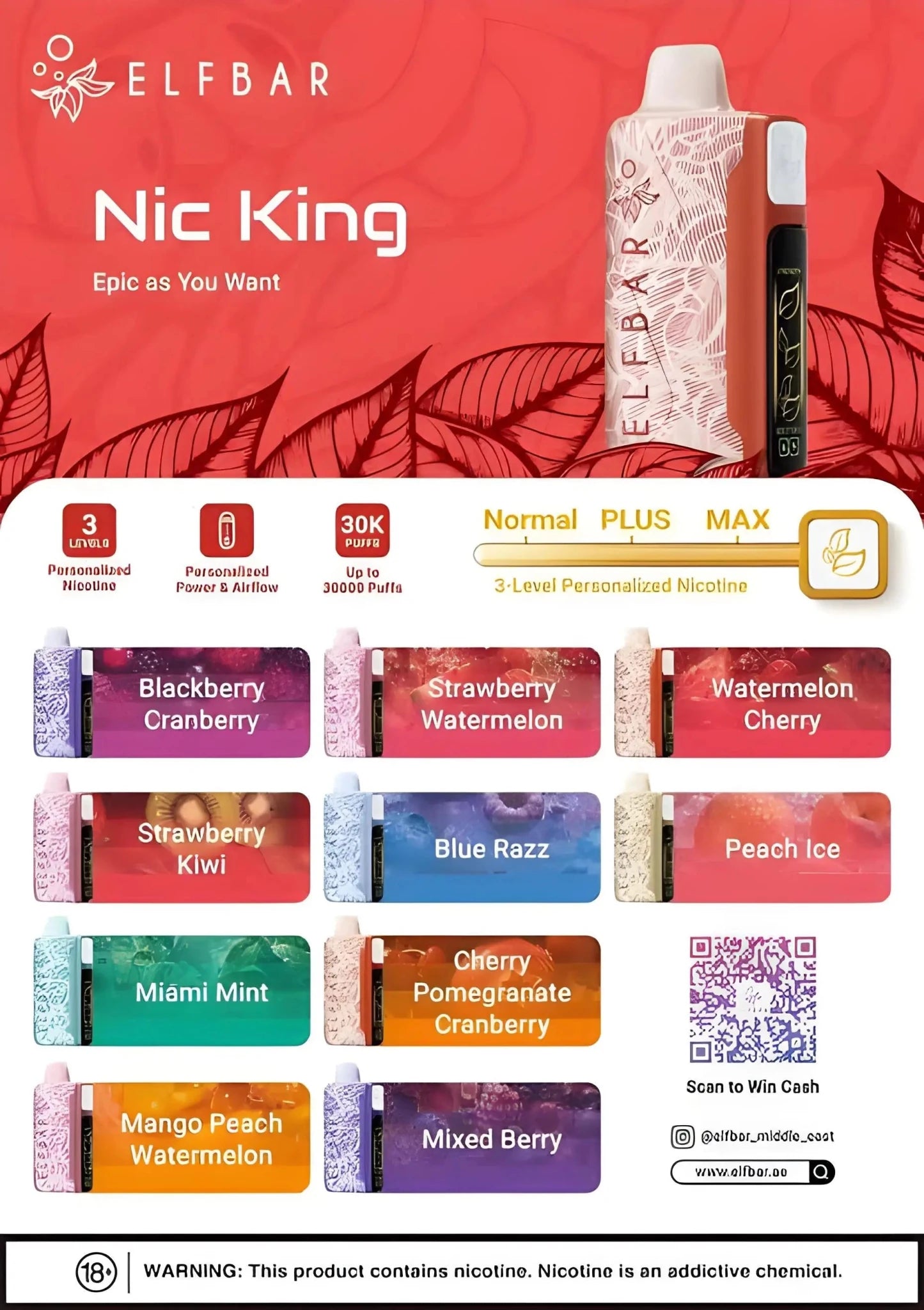 Blackberry cranberry Elfbar Nic King 30K disposable vape by Vape Mash India, shown with sleek black design and colorful fruit flavor graphics.