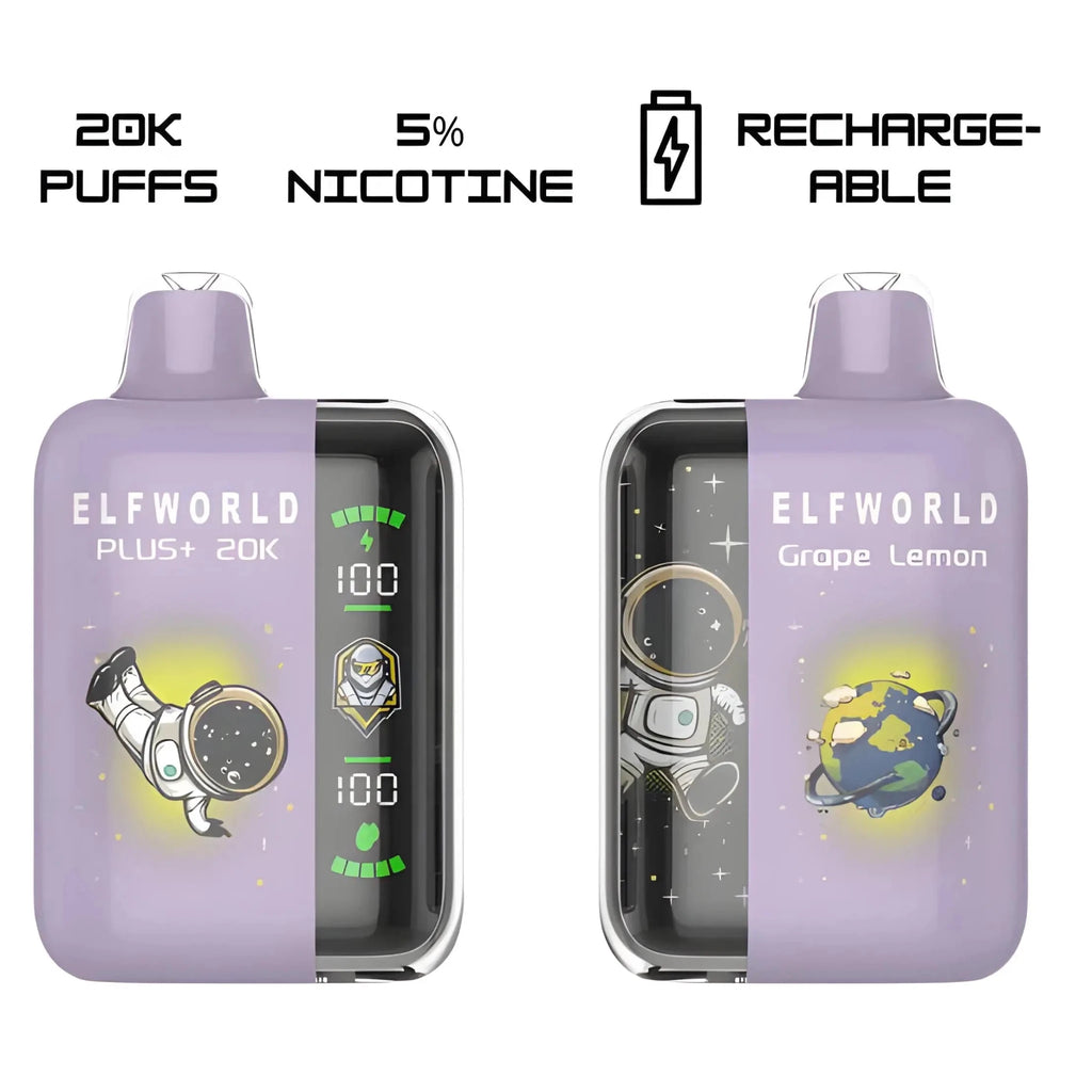 Vape Mash India Elfworld Plus 20K disposable vape with grape lemon flavor, showcasing the sleek device design.