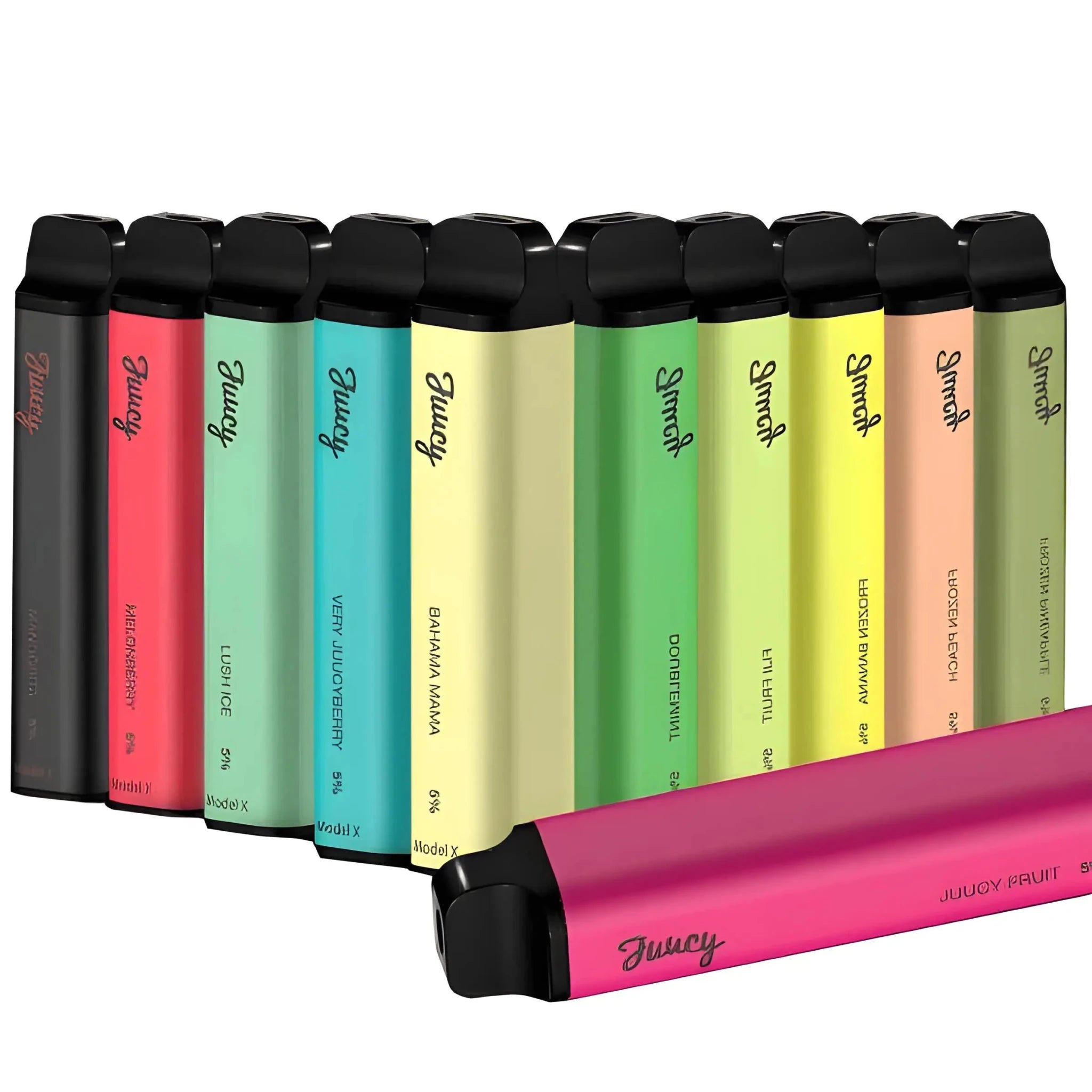 Juucy Model X Disposable Vape pack with four salt nicotine vapes in assorted colors, featuring fruity melon and berry flavors.