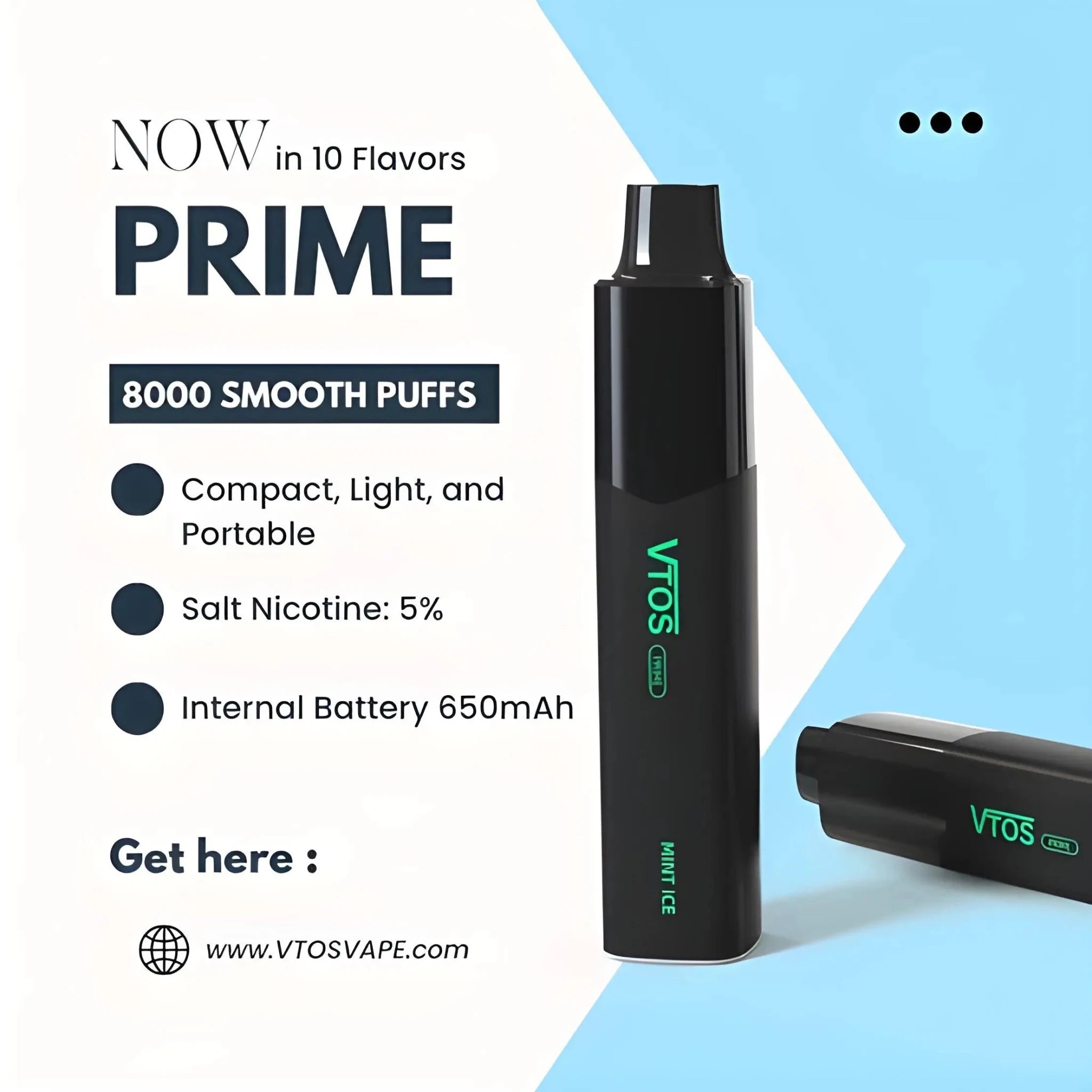 Vape Mash India Vtos Prime disposable vape in black and green, featuring passion fruit mango ice flavor, 8000 puffs.