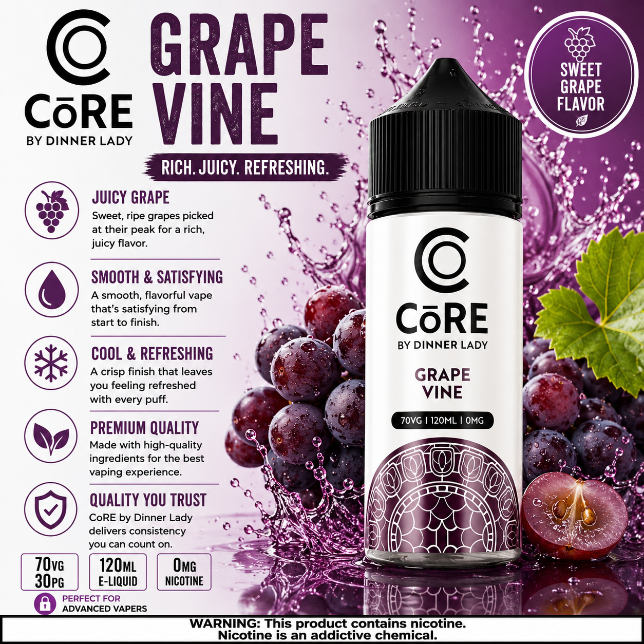 Grape Vine CORE by Dinner Lady vape juice in 120ml bottle, e-liquid for vaping, 3MG or 6MG nicotine, Vape Mash India.