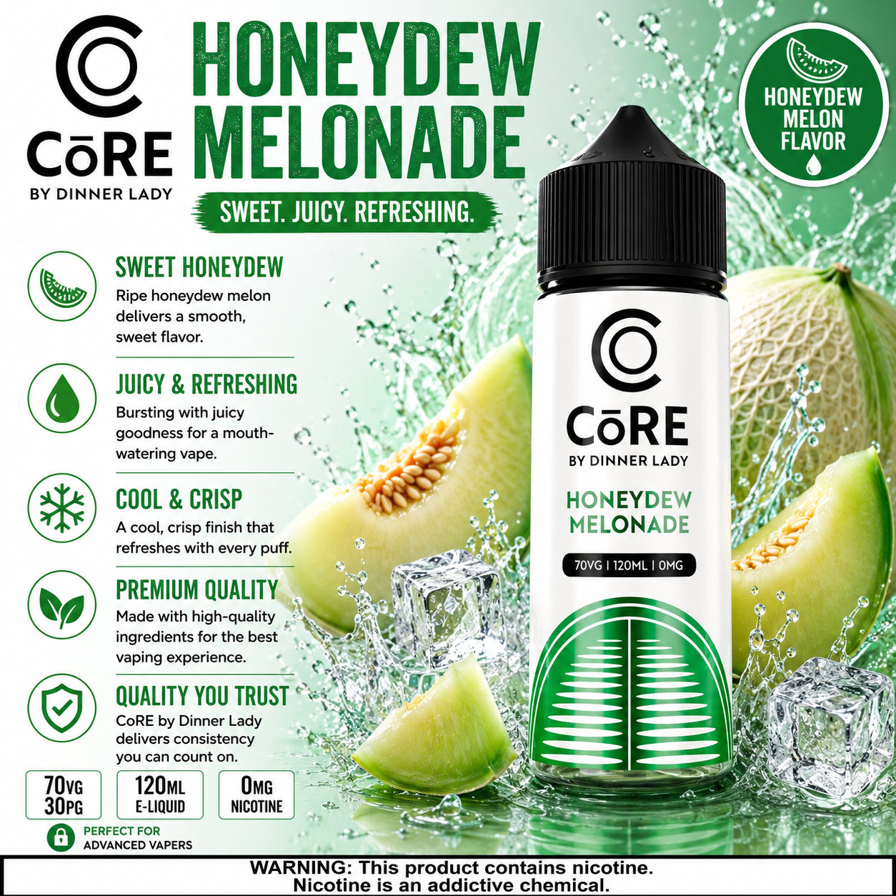 Vape Mash India Honeydew Melonade vape e-liquid bottle with 120ml size, 3mg or 6mg nicotine, featuring a honeydew melon flavor.