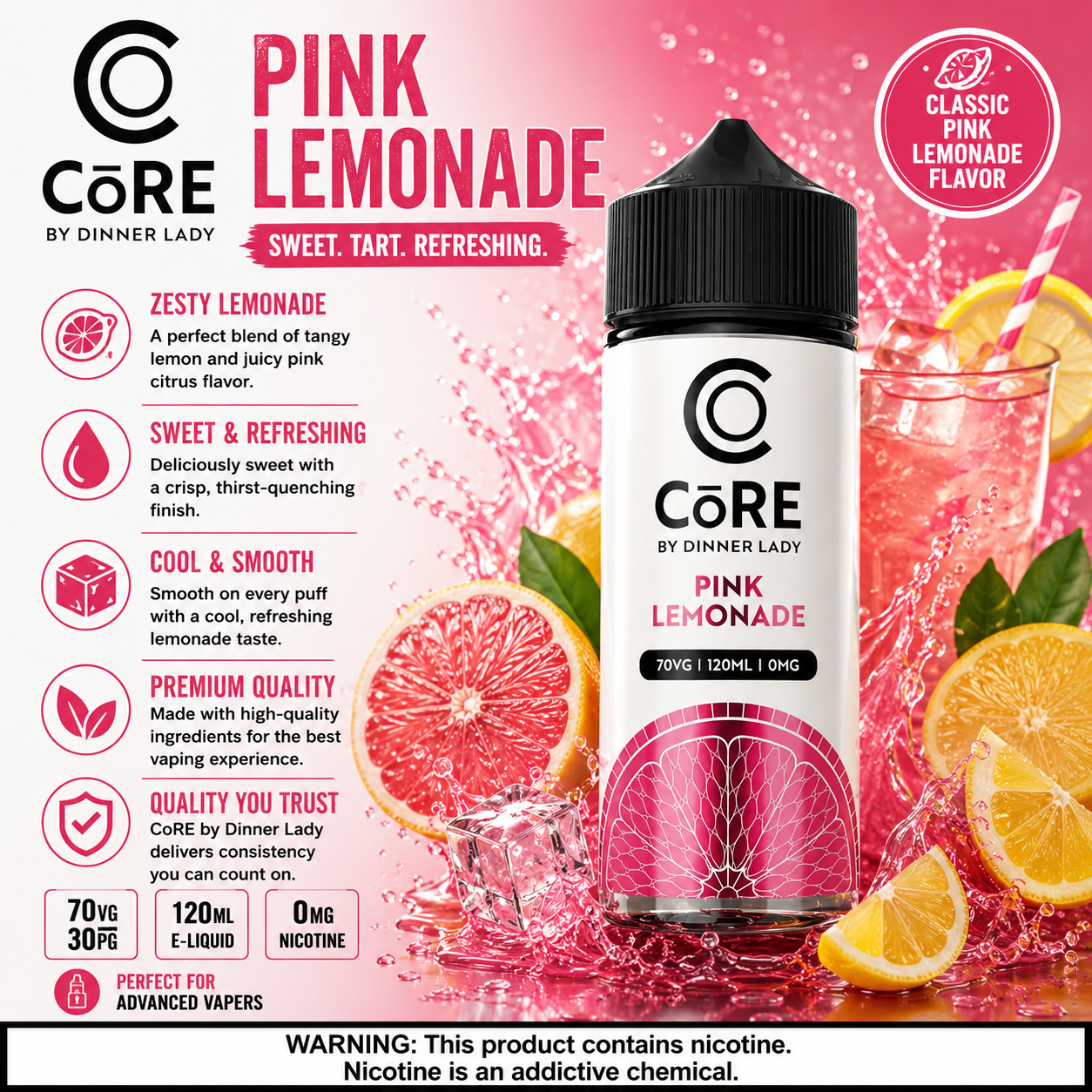 Pink Lemonade CORE by Dinner Lady vape juice, 120ml e-liquid in 3mg or 6mg, from Vape Mash India, with fruit-flavored vape liquid.