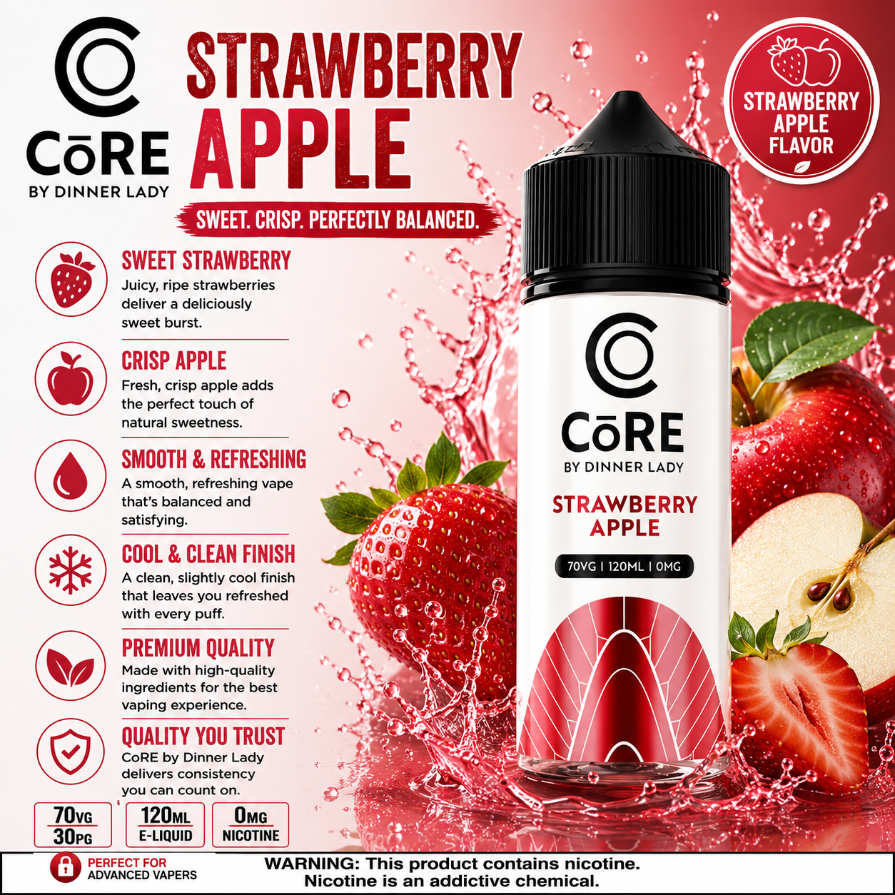 Vape Mash India Strawberry Apple CORE e-liquid bottle, 120ml vape juice with 3mg and 6mg nicotine, for vaping.