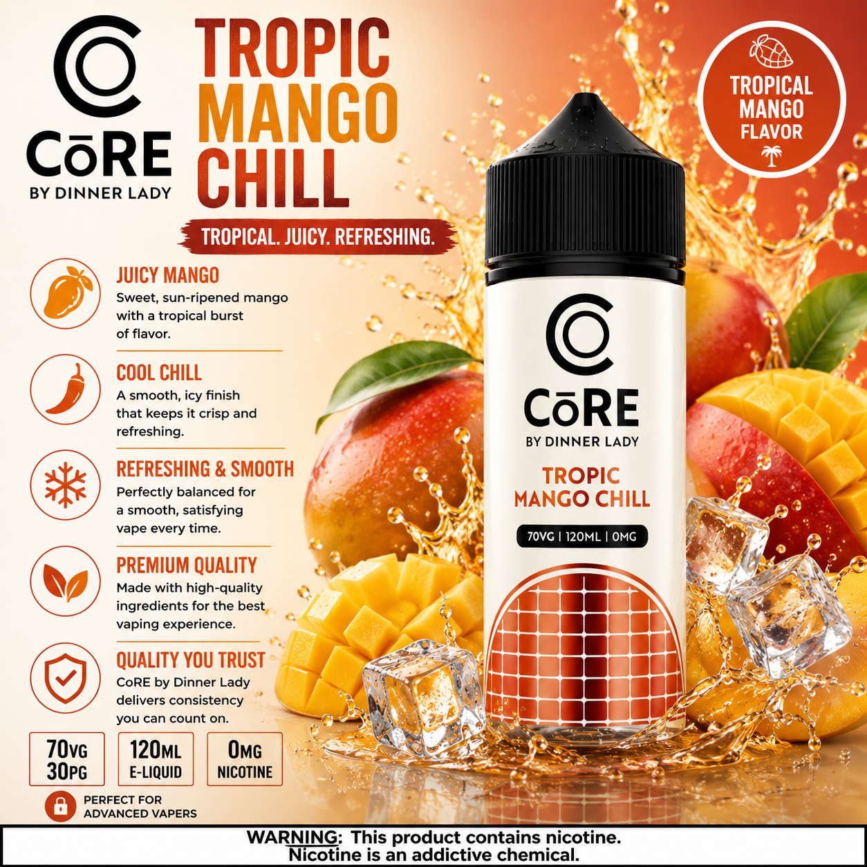 Tropic Mango Chill Vape Juice by CORE Dinner Lady, 120ML e-liquid with 3MG or 6MG nicotine, Vape Mash India branding.