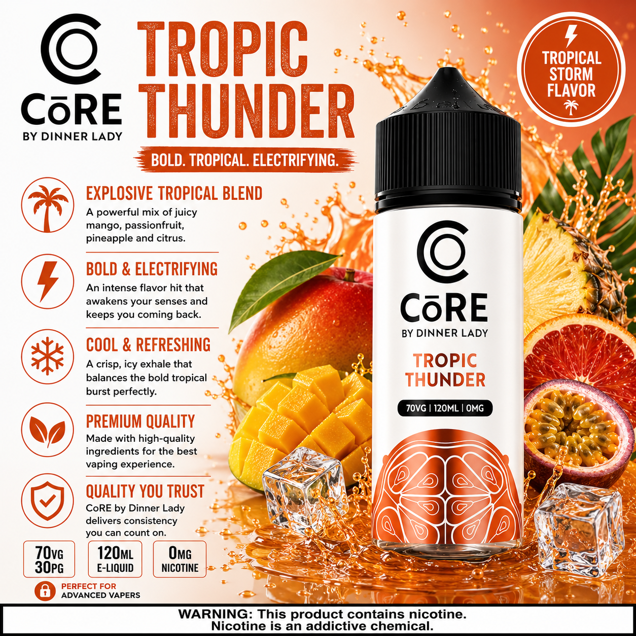 Vape Mash India Tropic Thunder CORE e-liquid bottle, 120ml, in 3MG and 6MG nicotine, with colorful label and vape juice inside.
