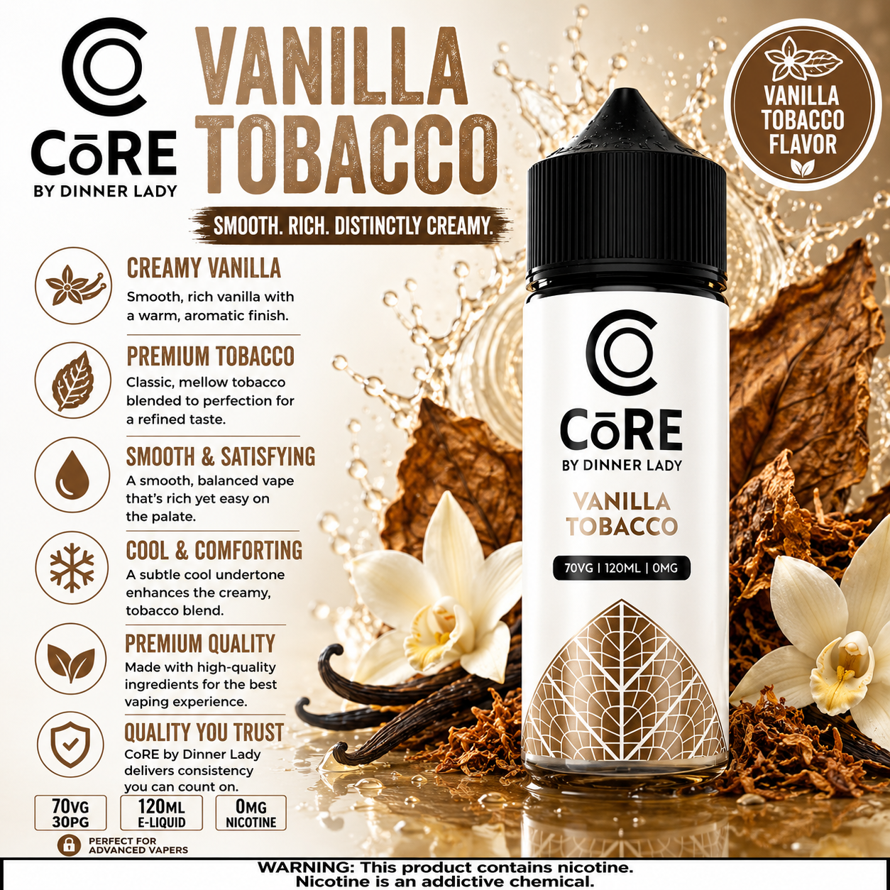 Vanilla Tobacco CORE vape juice by Dinner Lady in 120ml bottle, 3MG or 6MG nicotine, e-liquid for vaping from Vape Mash India.