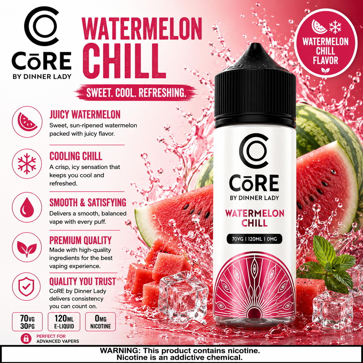 Vape Mash India Watermelon Chill CORE e-liquid bottle, 120ml vape juice with 3mg or 6mg nicotine, featuring watermelon flavor.