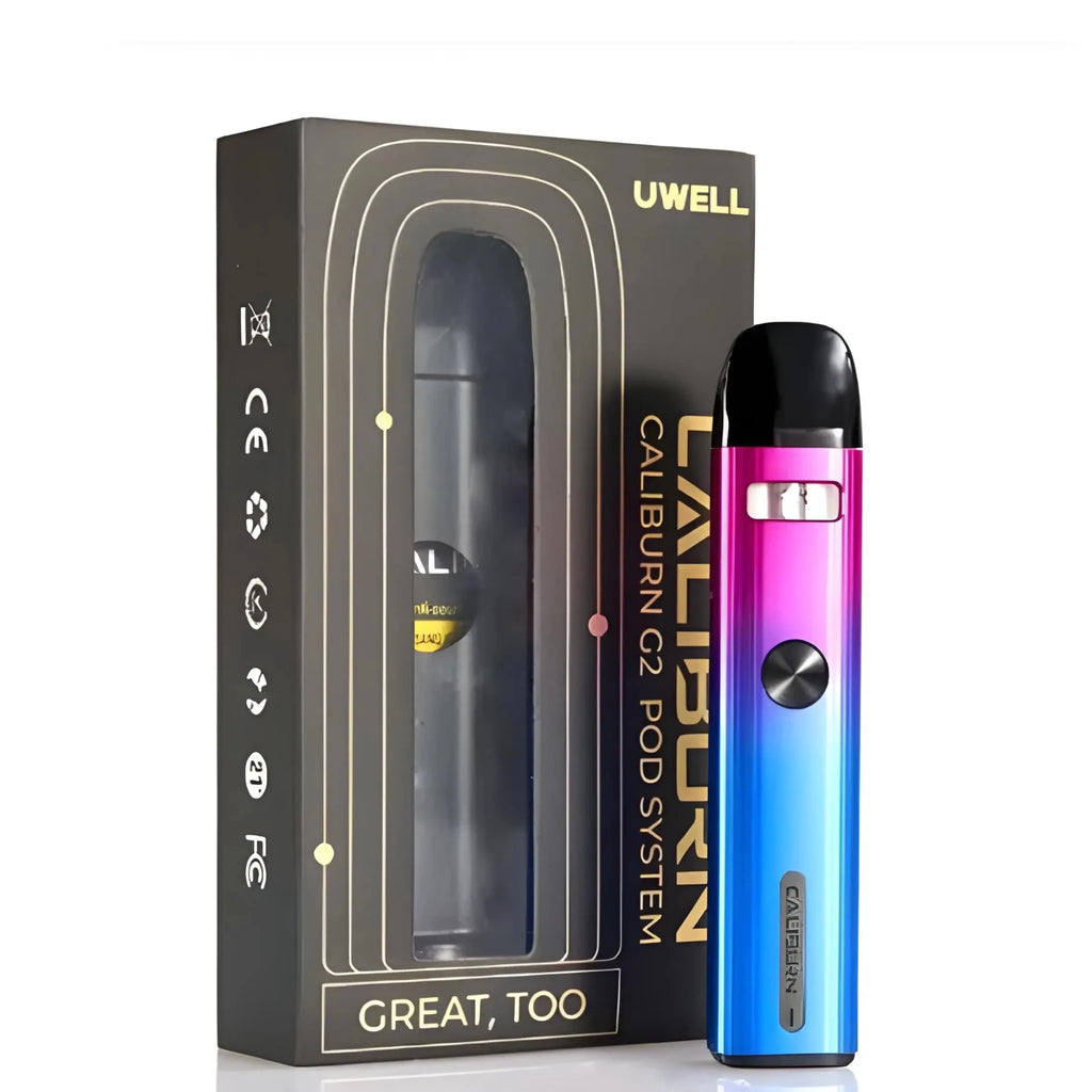 Uwell Caliburn C2 pod system in gradient blue and pink, refillable vape device with matte grey accents, by Vape Mash India.