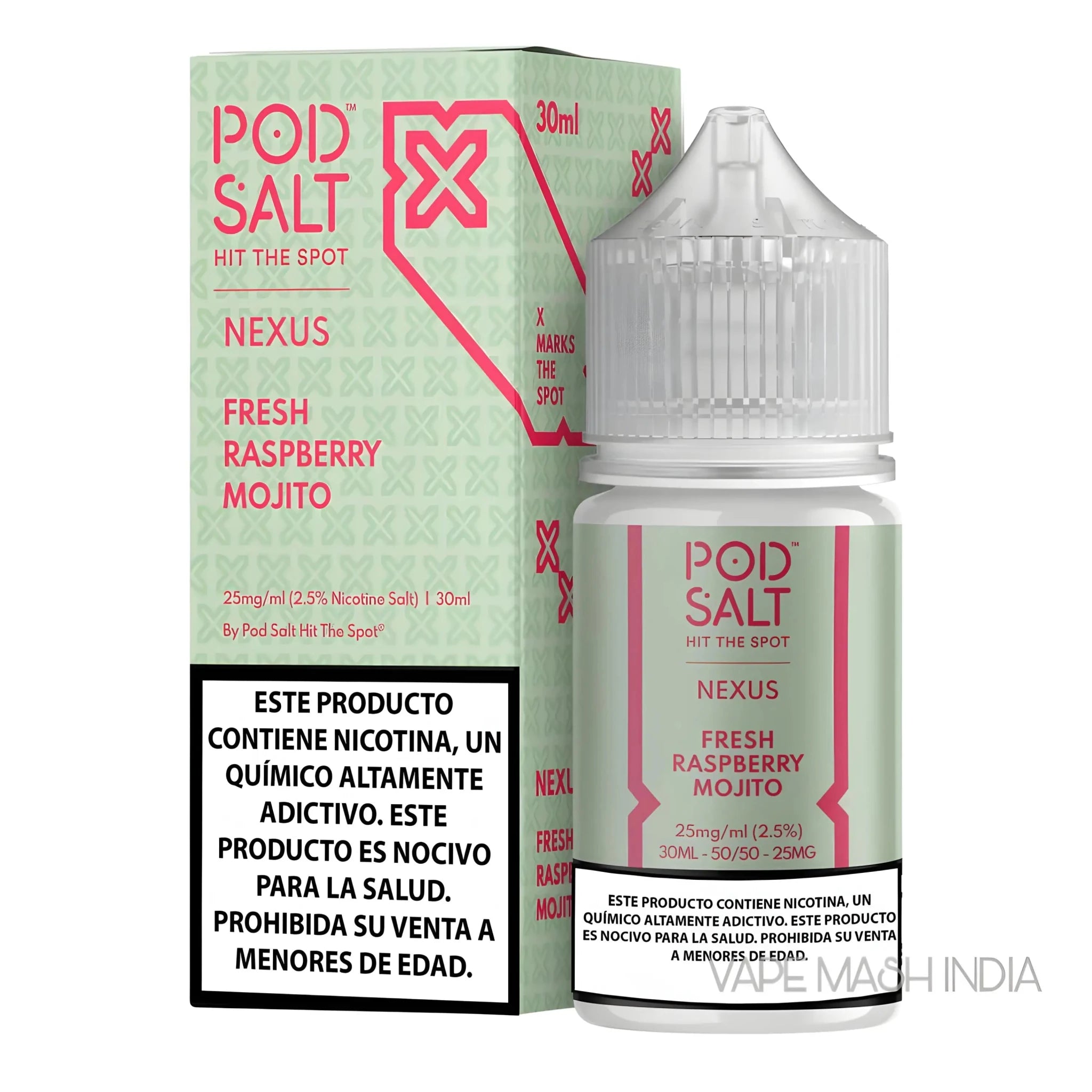 Vape Mash India Fresh Raspberry Mojito Nic Salt vape juice bottle, 30ML, 25MG or 50MG, with raspberry and mint flavor elements.