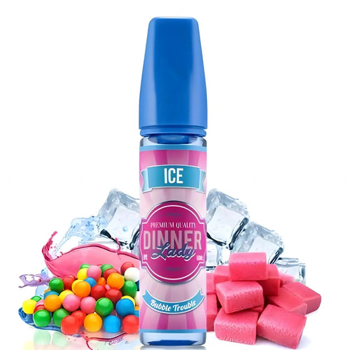 Bubble Trouble Ice vape juice by Dinner Lady in 60ml bottle, compatible with Vape Starter Kits, featuring a cool, fruity flavor.