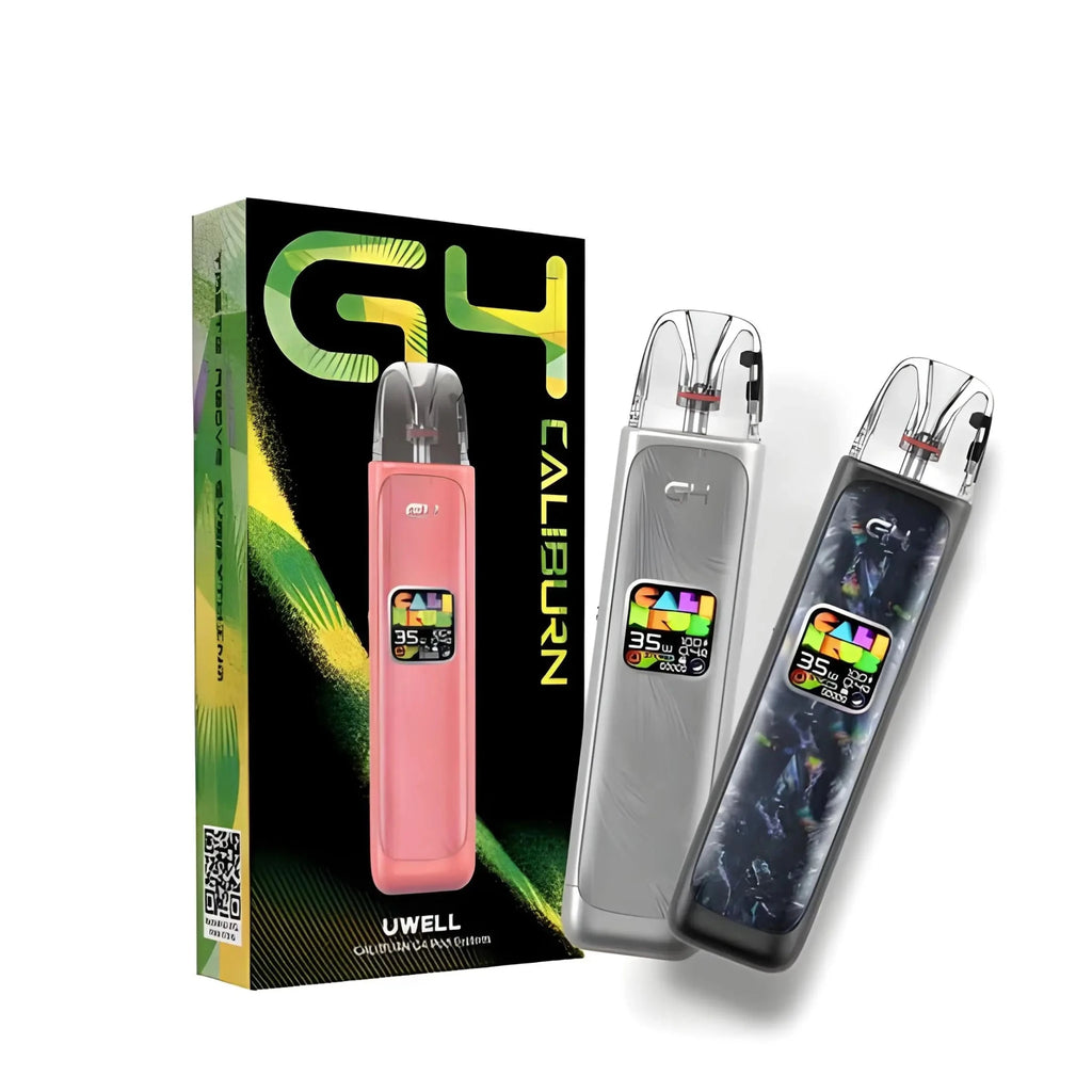 Uwell Caliburn G4 35W Pod System Kit by Vape Mash India showing gold vape device with mouthpiece and pod components.