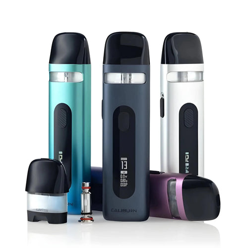 Silver Caliburn X 20W Vape Mash India versatile pod kit with sleek design and compact size for easy vaping.