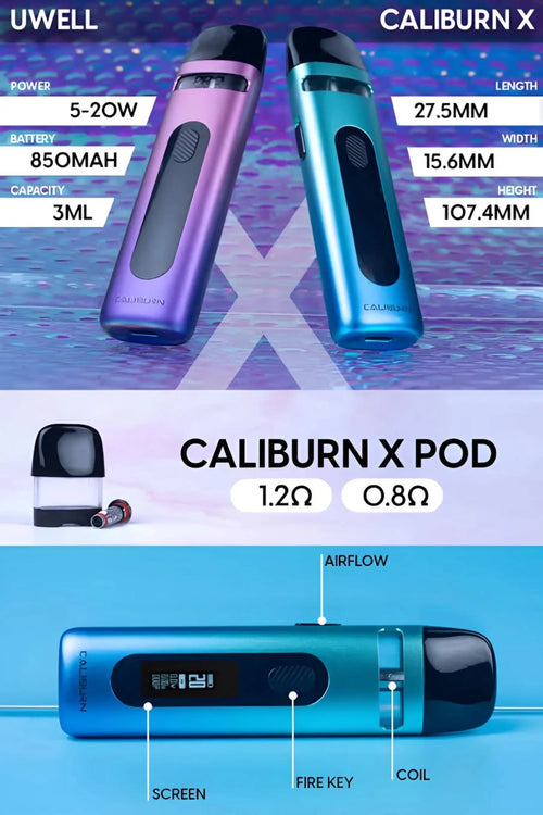 Silver Caliburn X 20W vape starter kit from Vape Mash India featuring a versatile pod system and compact design.