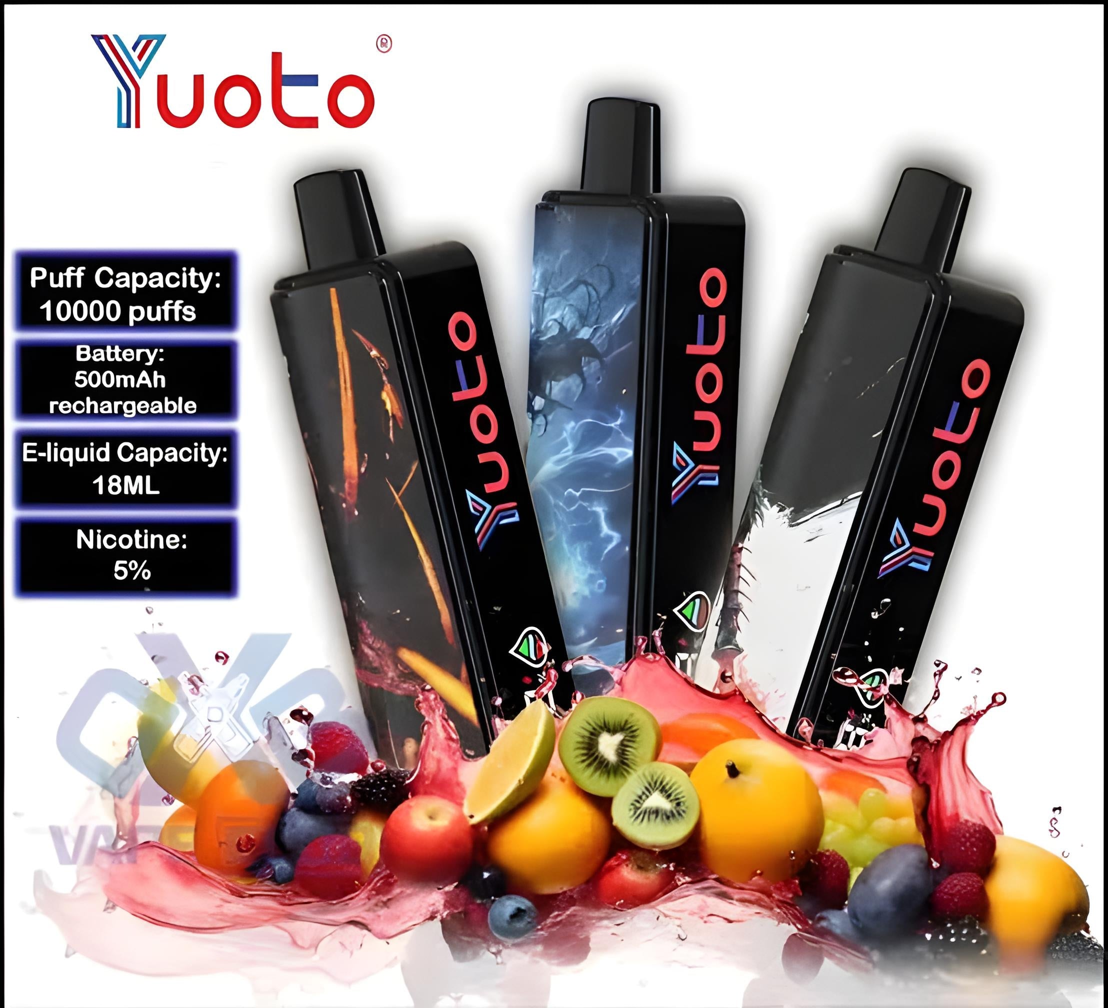Yuoto vape devices with fruit graphics and product specifications on a white background
