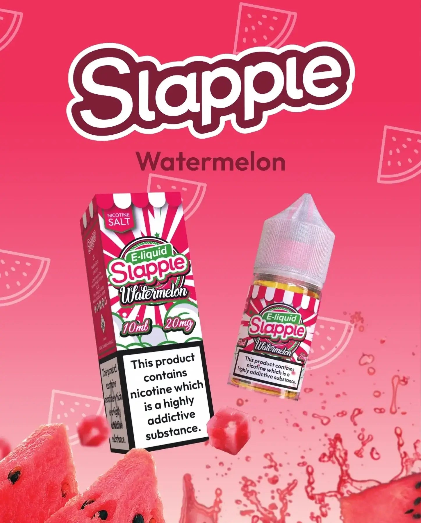 Pink and white striped box and 10ml bottle of watermelon slappel nic salt e-liquid by vape mash india