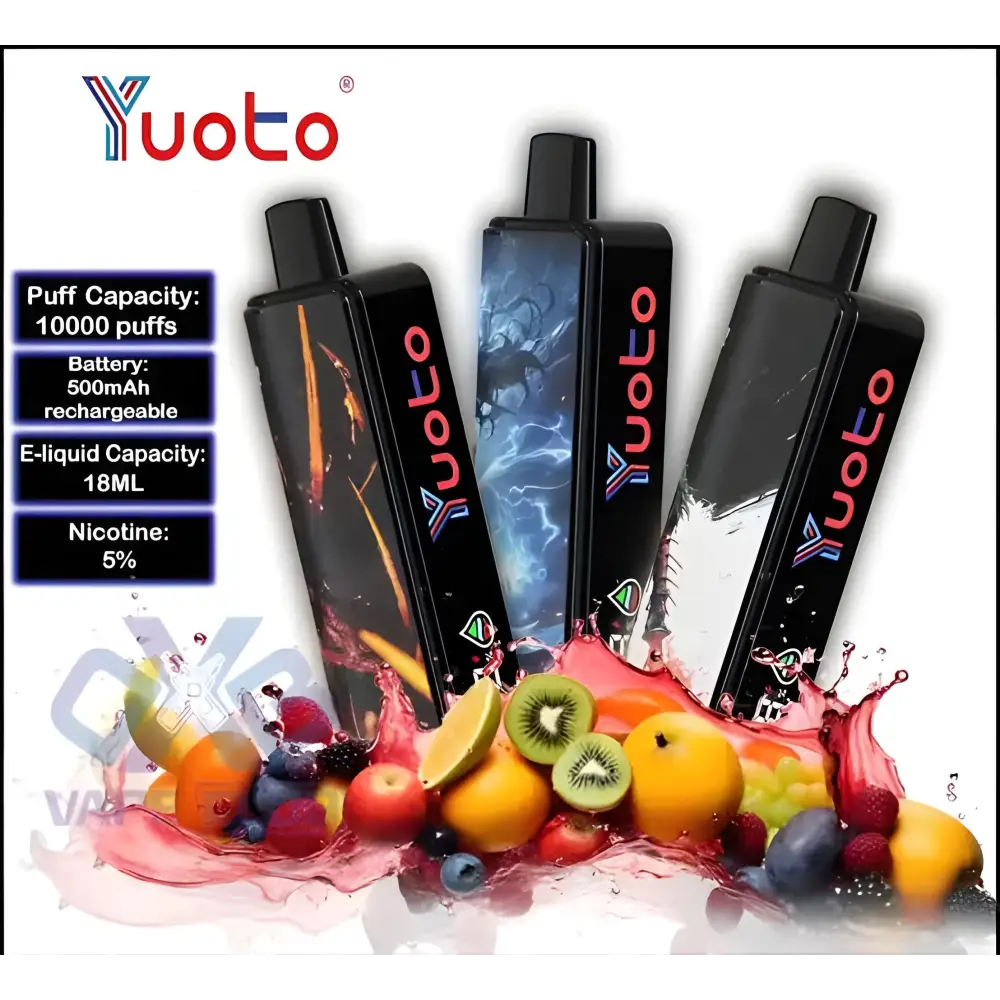 Yuoto vape devices with fruit graphics and product specifications on a white background